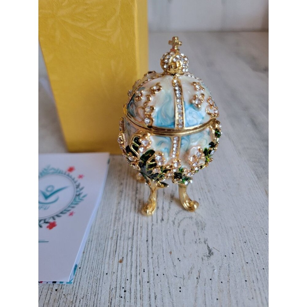 Miniature enamel religious cross egg trinket box Easter home decor
